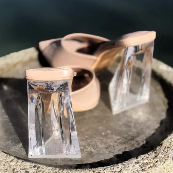 NEW Patent Clear Triangle High Block Heel Square Toe Slip On Sandals Mules Shoes - Picture 6 of 10